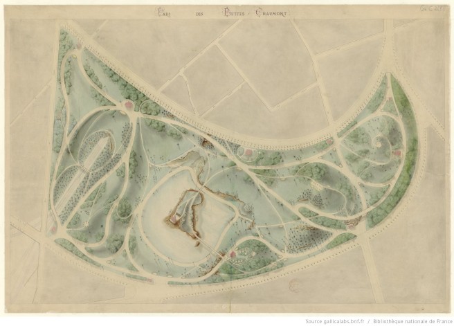 Plan du parc des Buttes-Chaumont, 19e siècle. Source : Galica/BnF.