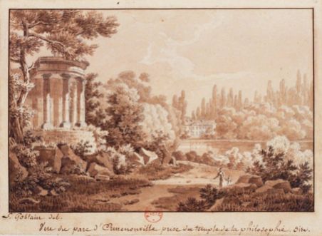 Vue du parc d'Ermenonville prise du temple de la Philosophie. A.-L. Goblain, 19e siècle, Dessin à la mine de plomb et lavis à l'encre brune, 9,8 x 14,7 cm. Source : Gallica/BnF.