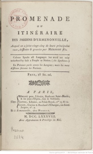 Promenade ou Itinéraire des_jardins d'Ermenonville, 1788. Page de titre. Source : Gallica/BnF.